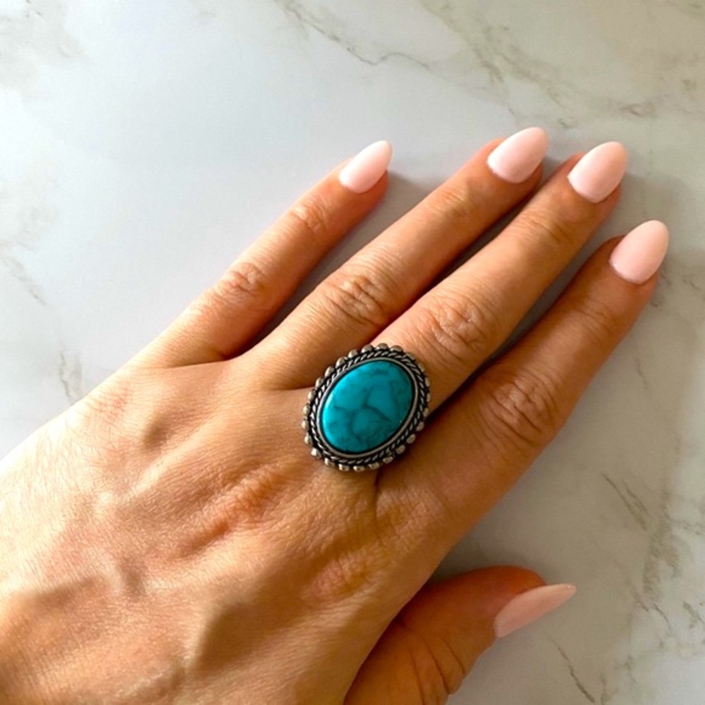 Large Turquoise Stone Adjustable Ring - image 1